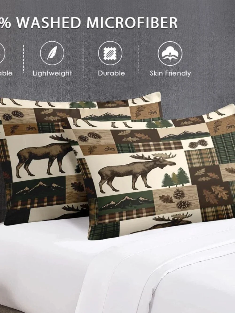 3 Pcs Queen Size Comforter Set with 2 Pillowcases, Moose Rustic Patchwork Soft B